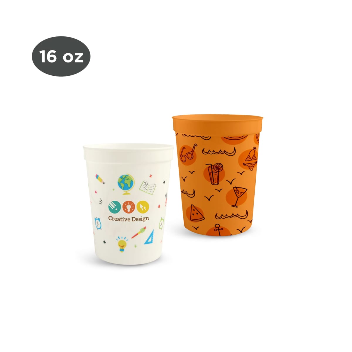 Two colorful 16 oz cups with playful designs on a white background.