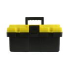 Black and yellow toolbox with a black handle, closed lid.
