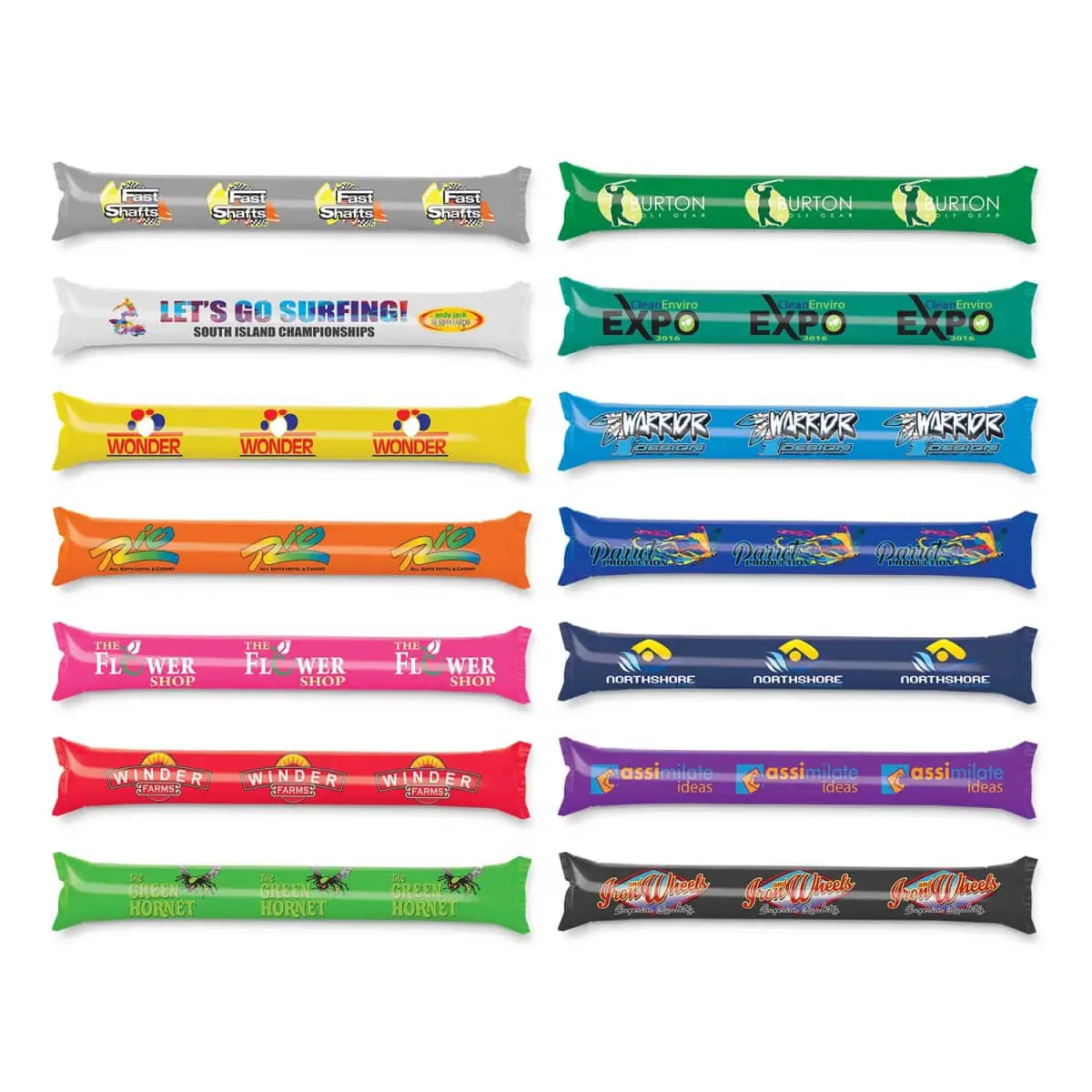 Sixteen colorful Event Gear inflatable cheering sticks with various logos and designs.