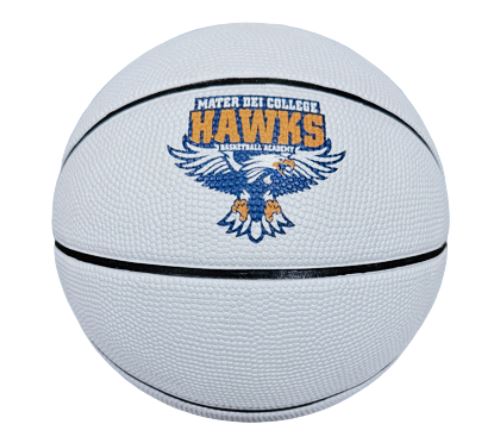 White basketball with Mater Dei College Hawks Basketball Academy and a hawk logo printed on it.