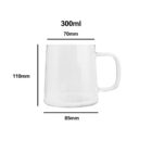 Clear glass mug with handle, labeled 300ml, 110mm tall, 70mm top, 85mm base width.