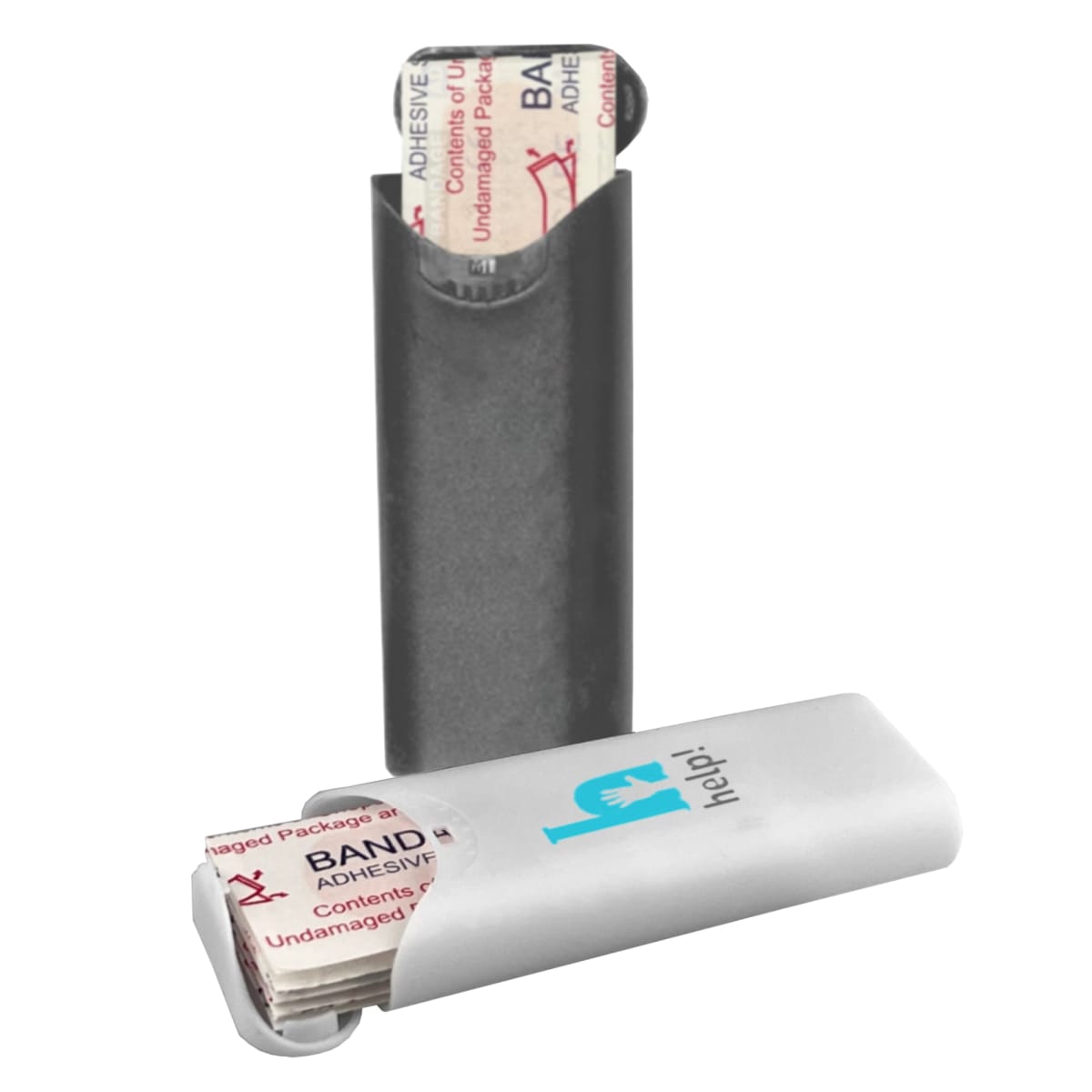 Two bandage containers, one gray and one white, each holding adhesive bandages.