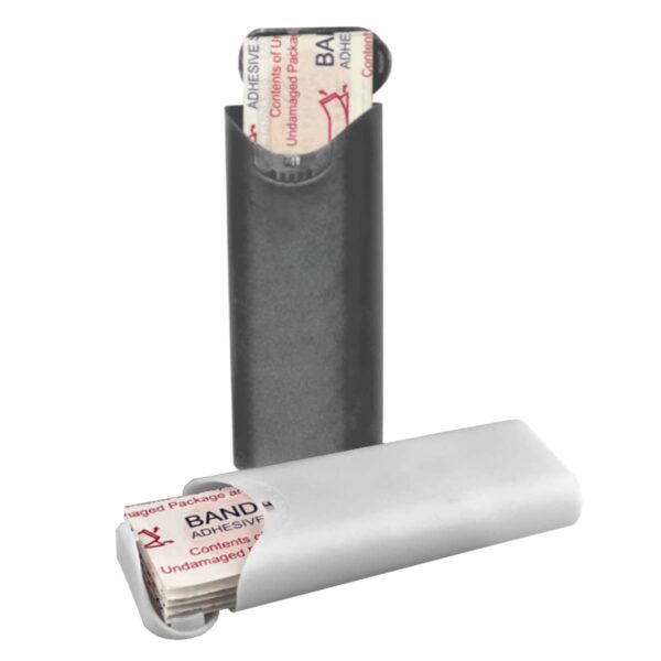 Two rectangular bandage holders, one black, one white, with bandages partially visible.