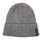 Gray ribbed knit beanie with black branded tag on the cuff.