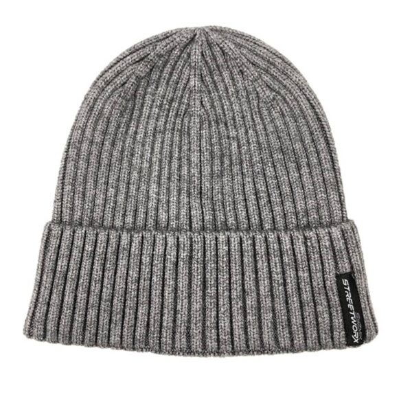 Gray ribbed knit beanie with a small black logo tag on the cuff.