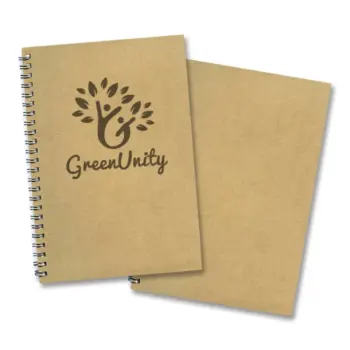 Two brown spiral notebooks—essential promotional products for businesses, with a Green Unity logo.