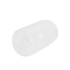 A clear, empty plastic bottle lying on its side against a white background.
