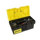 Black toolbox with a yellow lid, containing various hand tools.