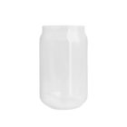 A clear, empty glass jar against a white background.