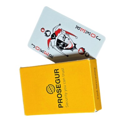 Yellow box with Prosegur and a playing card showing a joker.
