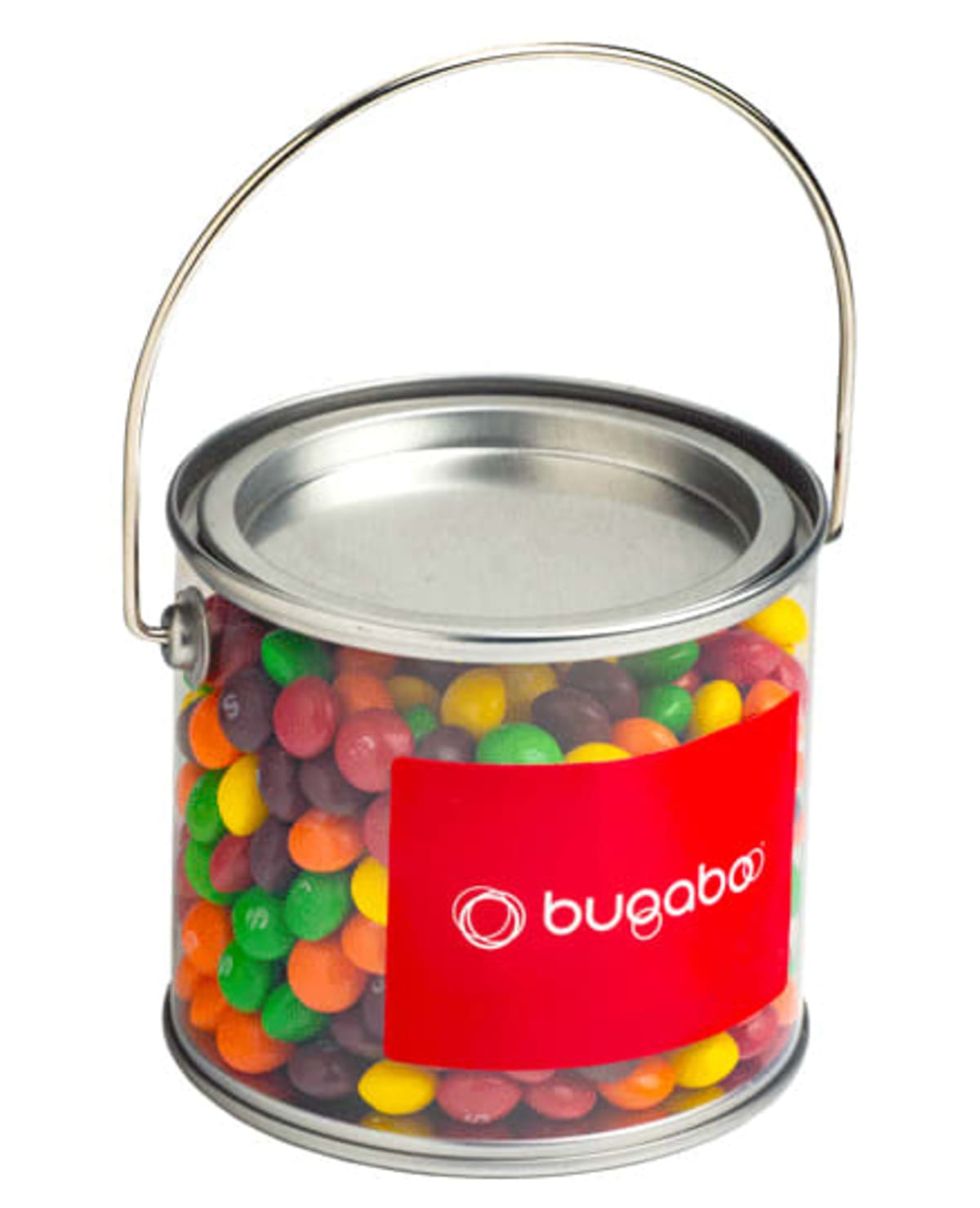 Small clear paint can filled with colorful candy, featuring a red Bugaboo logo label.