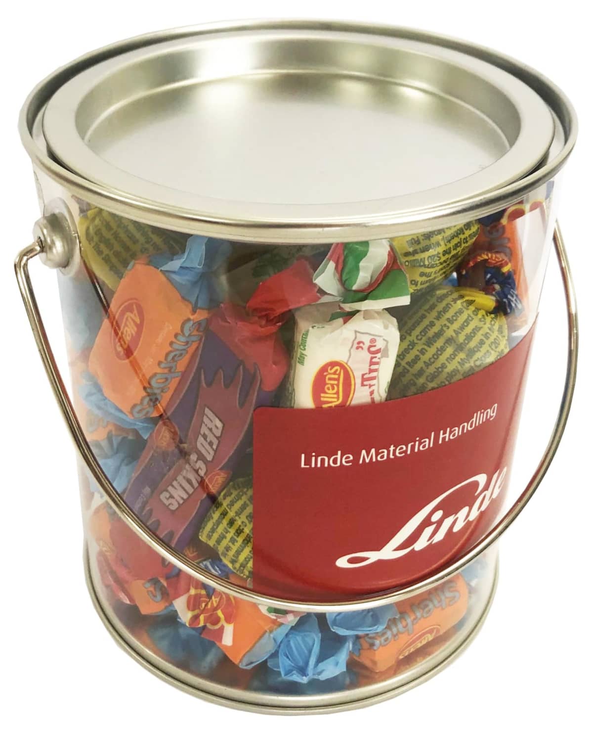 A clear paint can filled with assorted wrapped candies and a Linde Material Handling label.