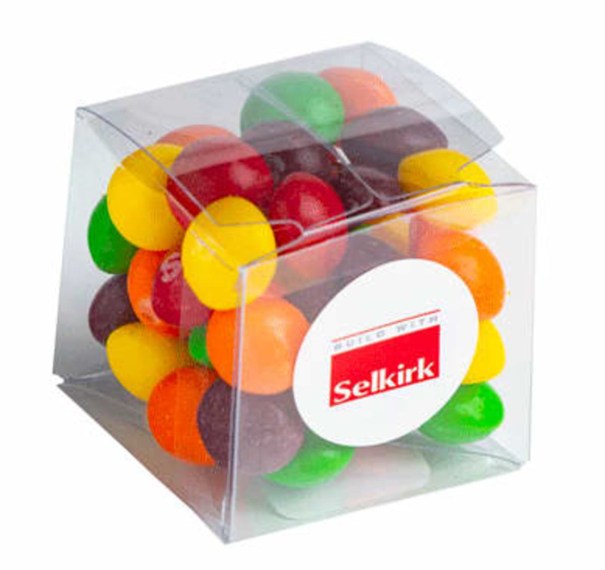 Clear box filled with colorful candy-coated chocolates, labeled with a red Selkirk sticker.