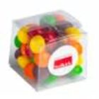 A clear plastic box filled with assorted colorful round candies.