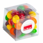 Clear box filled with colorful candy-coated chocolates, labeled Selkirk on the front.