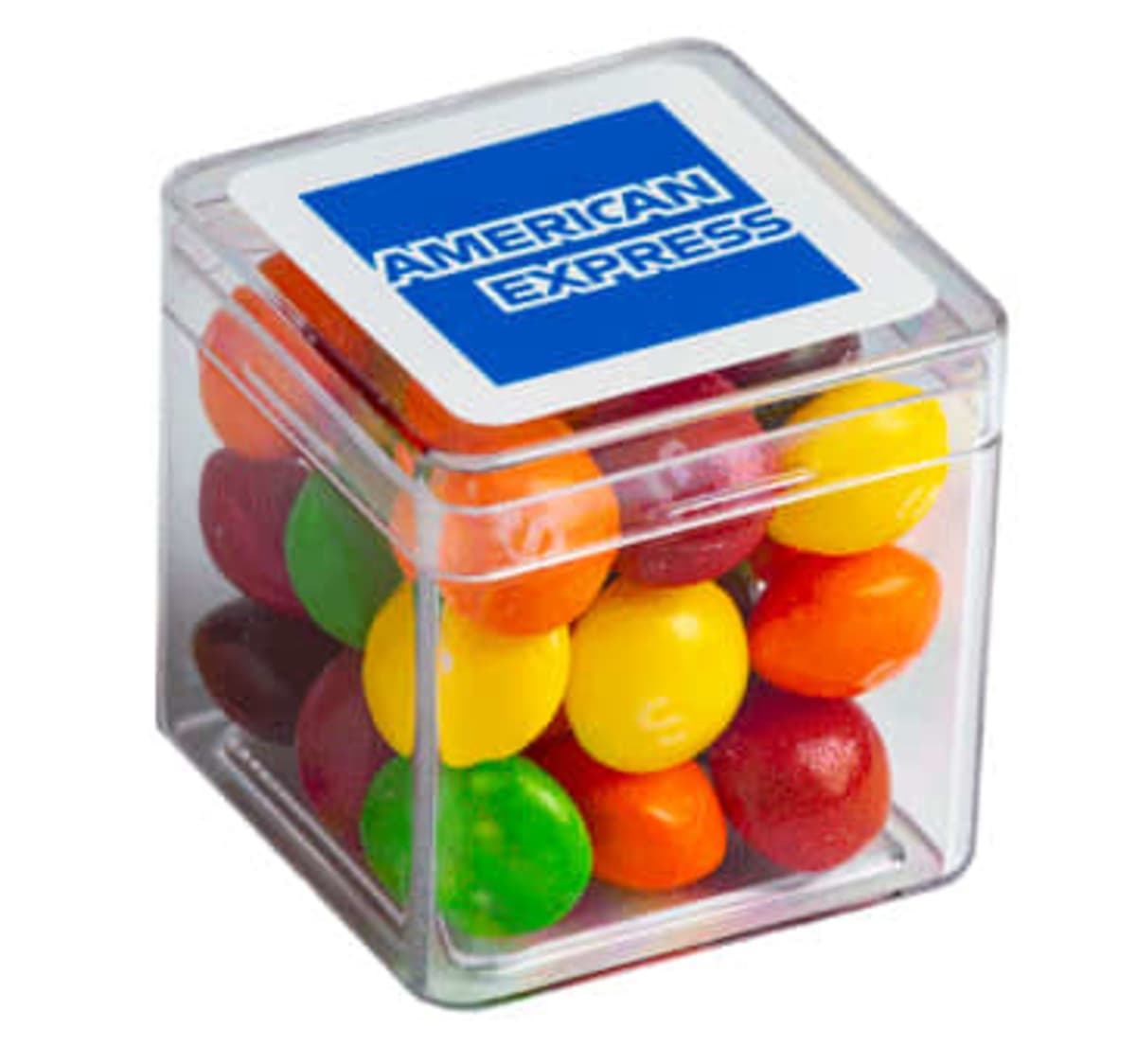 Clear cube of colorful candies with an American Express logo on the lid.