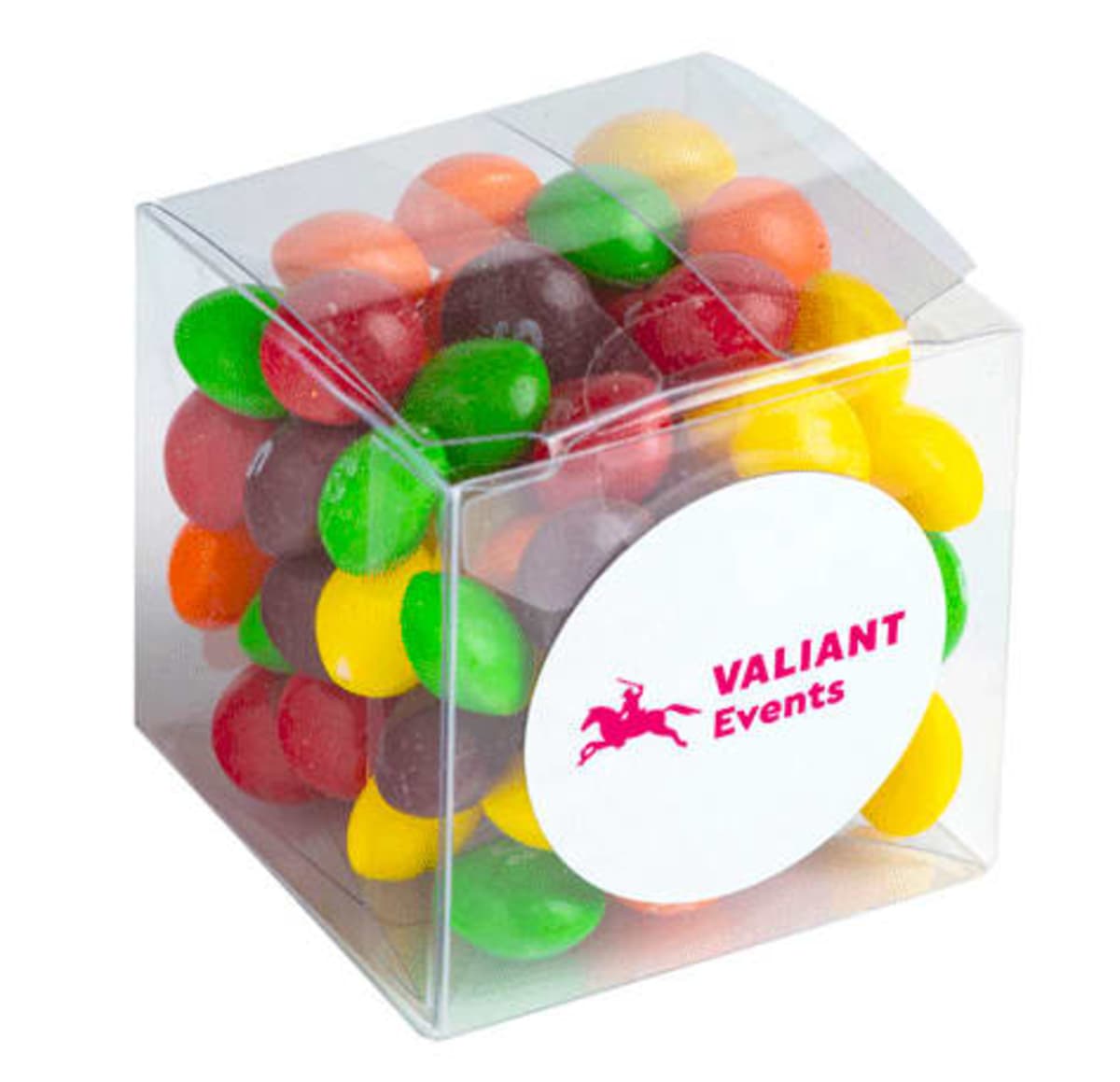 Clear box filled with colorful candy-coated sweets, labeled VALIANT Events on the front.