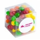 Clear box filled with colorful candy-coated chocolates, labeled Valiant Events on the side.