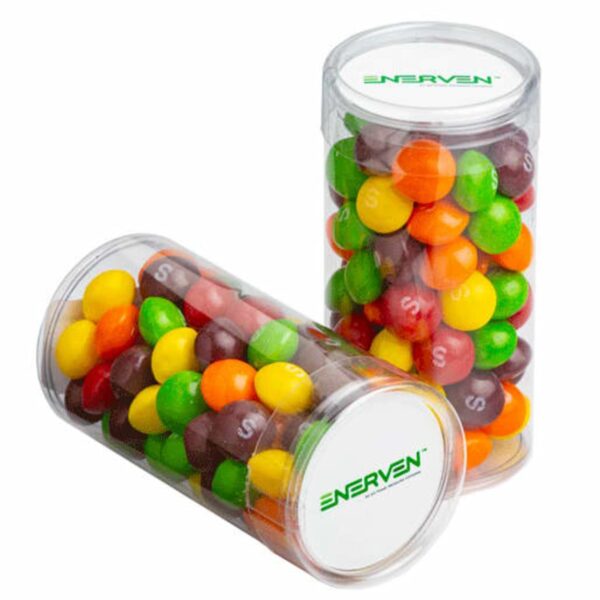 Two clear plastic jars filled with colorful Skittles, labeled with the Enerven logo on the lids.