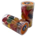 Two clear plastic jars filled with colorful gummy candies, one standing and one lying down.