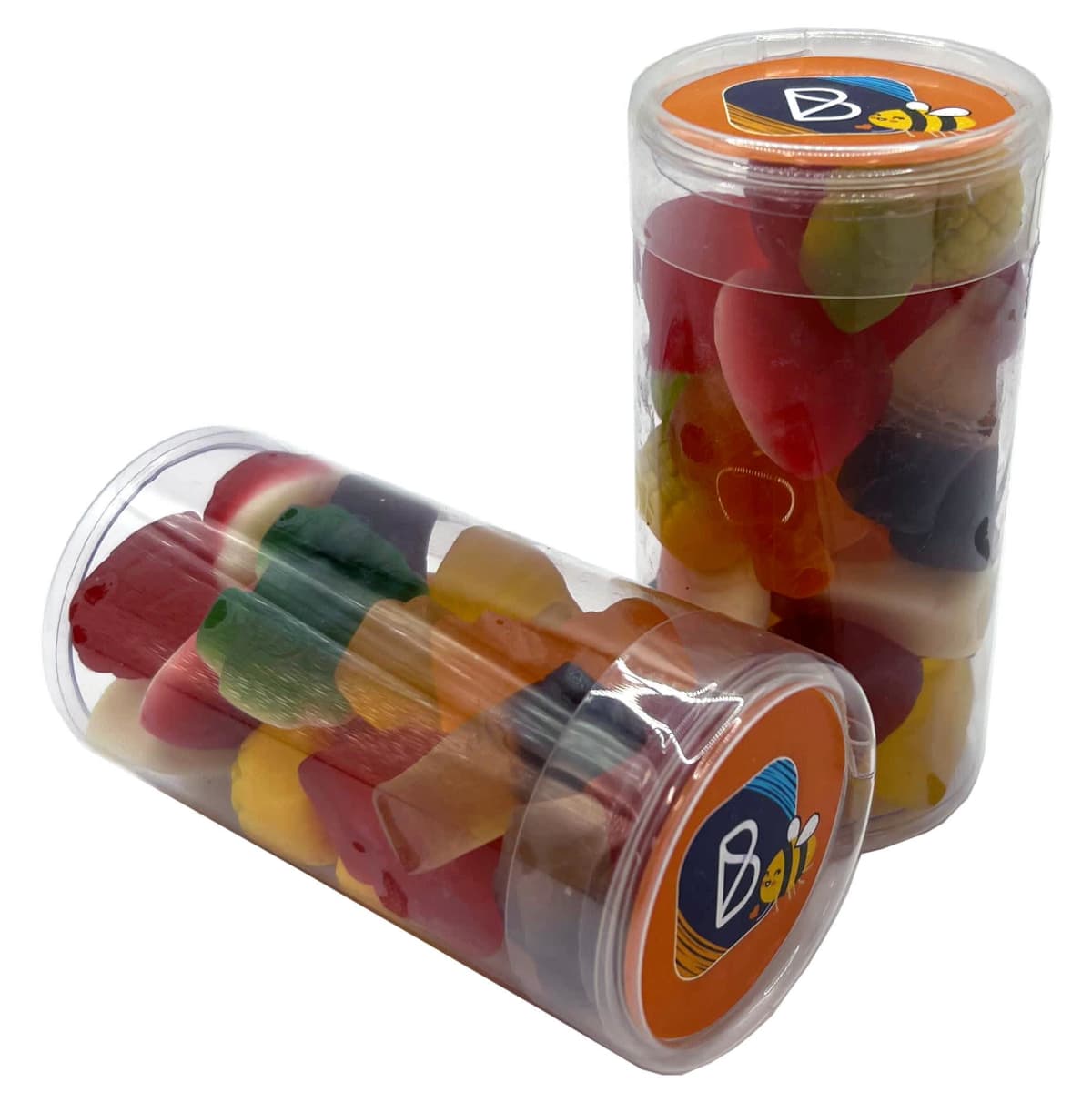 Two clear plastic jars filled with colorful gummy candies, one standing and one lying down.