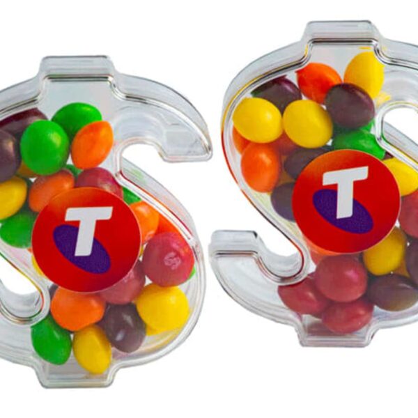 Two clear, dollar sign-shaped containers filled with colorful candy.