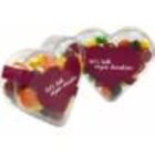 Two heart-shaped containers filled with colorful candy, each with a maroon label on top.