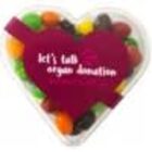 Heart-shaped box with colorful candies and text: lets talk organ donation.