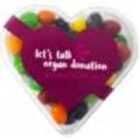 Heart-shaped container with candies, labeled lets talk organ donation on a maroon heart.
