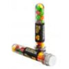 Two clear tubes filled with colorful candy-coated chocolates on a white background.