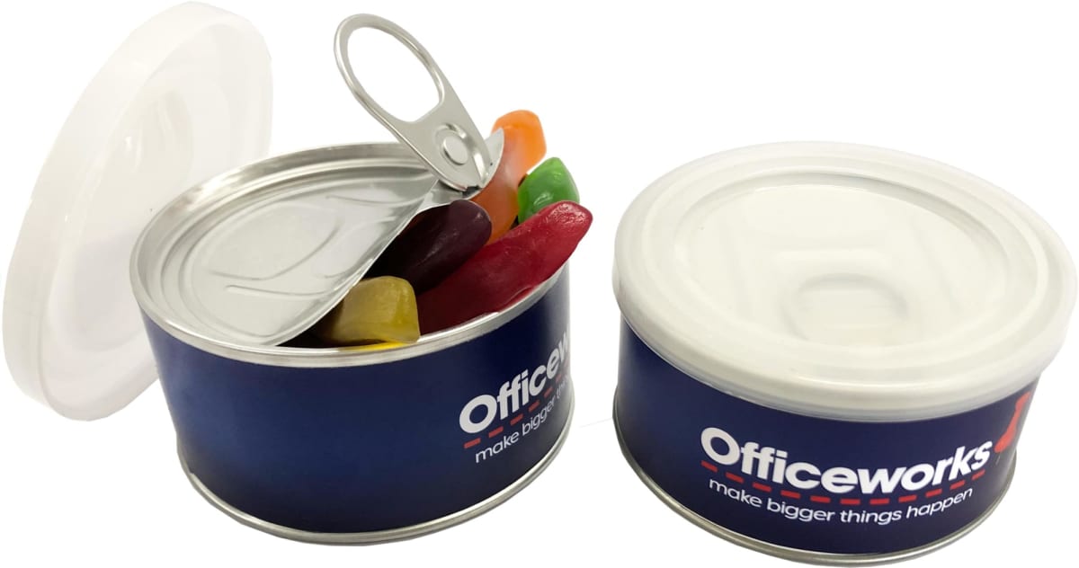 Two Officeworks cans, one open with colorful gummy candies, one closed.