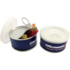 Two Officeworks cans, one open with gummy candies inside, one closed with a white lid.