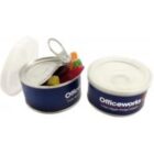 Two blue cans labeled Officeworks, one open with gummy candies inside, one closed.
