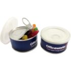 Two Officeworks-branded cans, one opened showing colorful jelly candies inside.
