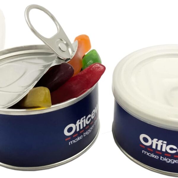 Two Officeworks-branded cans, one open showing colorful gummy candies inside.