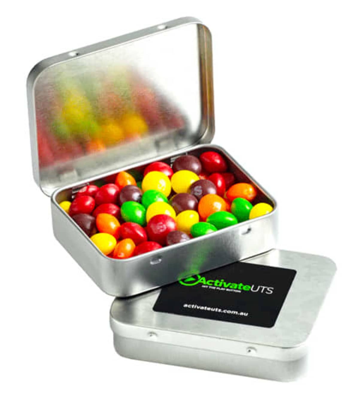 Open metal tin with colorful candies inside, another tin beside it, both labeled ActivateUTS.