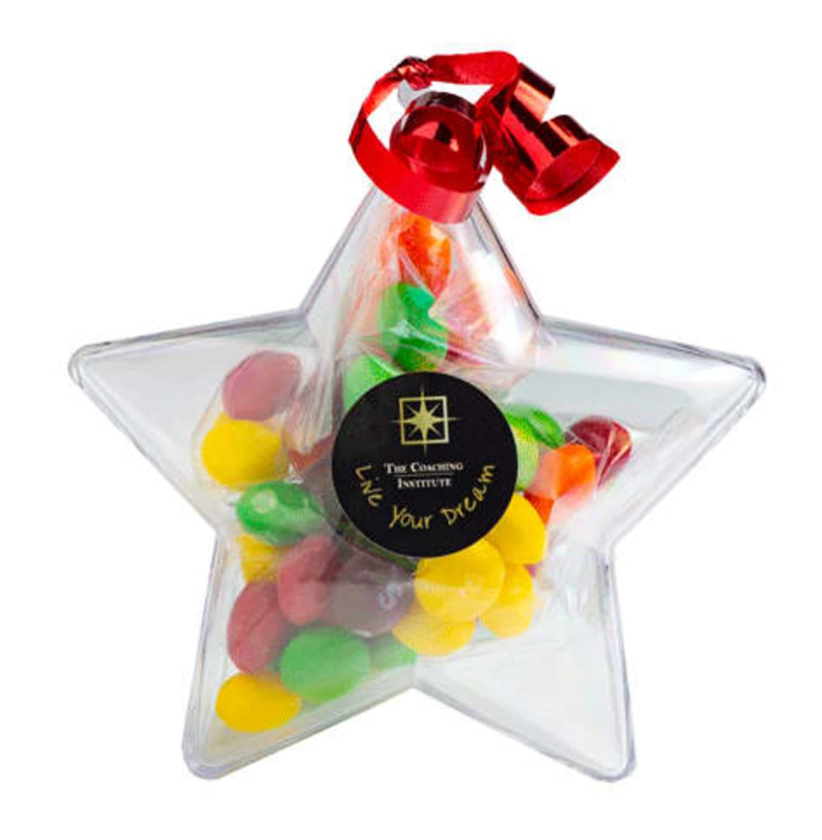 Star-shaped clear container with colorful candies and a red ribbon on top.