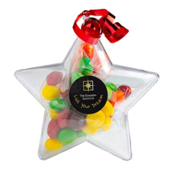 Star-shaped clear container with colorful candies and a red ribbon on top.