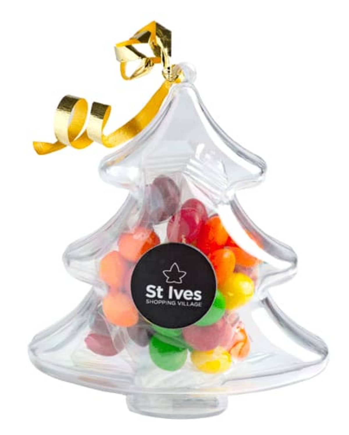 Clear plastic Christmas tree ornament filled with colorful candies and gold ribbon on top.