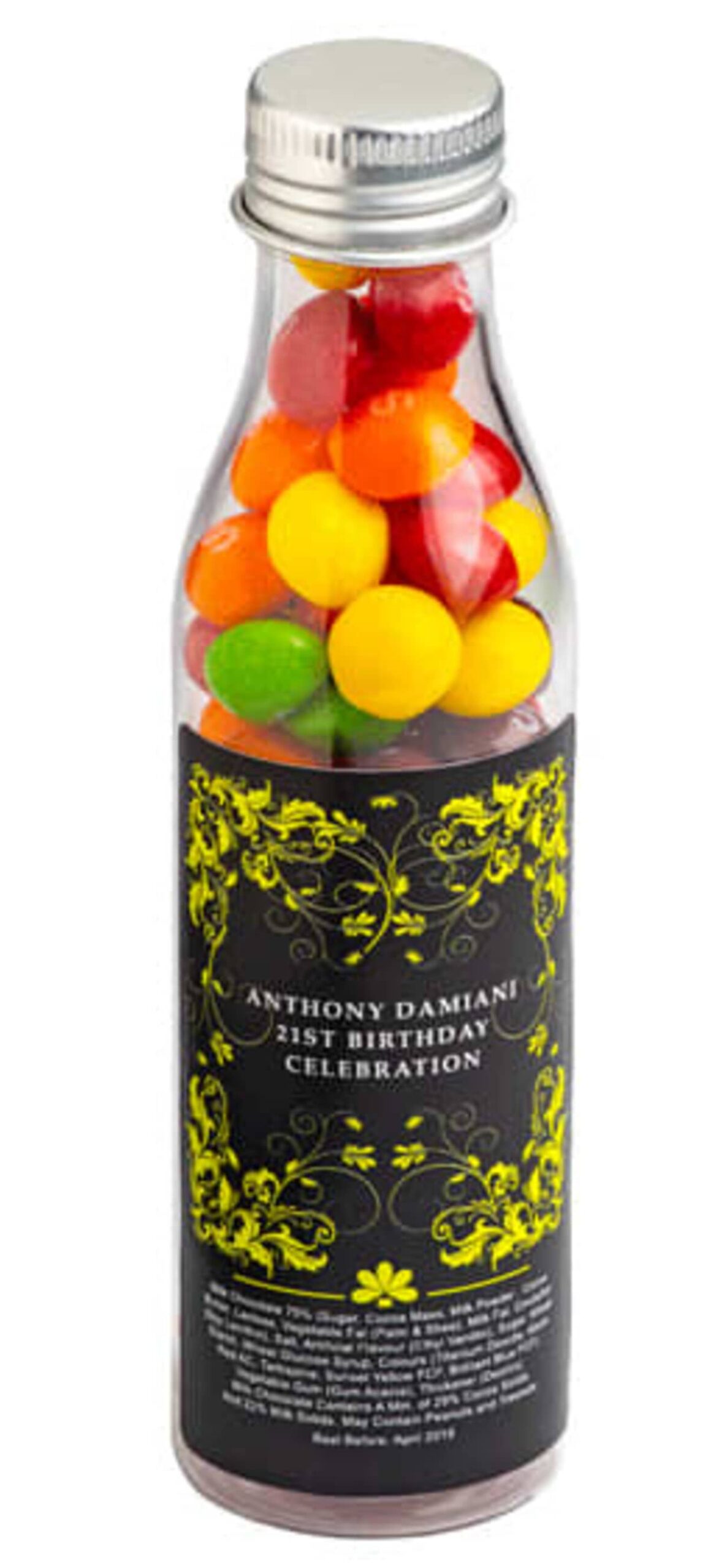 A clear bottle filled with colorful candy, labeled for a 21st birthday celebration.