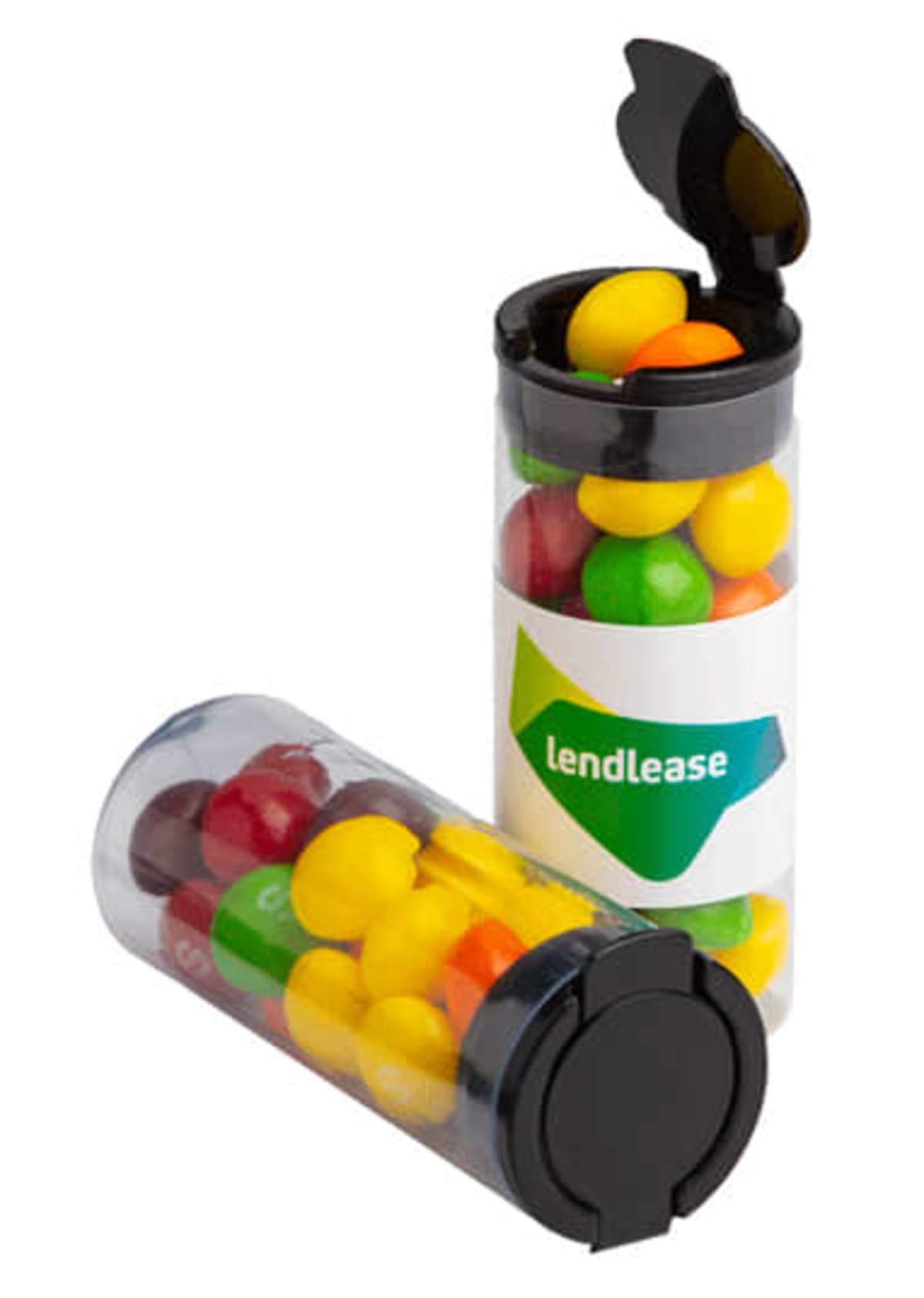 Two clear tubes with colorful candies, one upright and one lying down, labeled Lendlease.