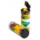 Two clear tubes with black lids, filled with colorful round candies, one tube opened.