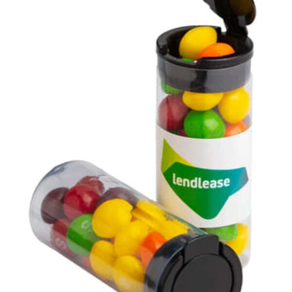 Two clear tubes with colorful candy and Lendlease label, one open and one closed.