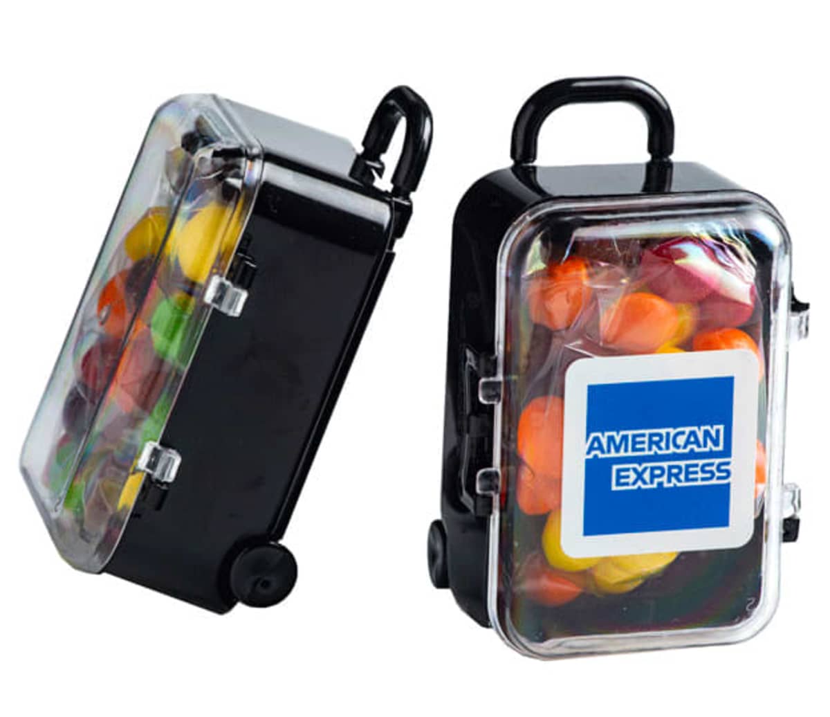 Two mini suitcase containers with wheels, filled with colorful candy and American Express logo.