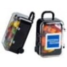 Two small suitcase-shaped clear containers filled with colorful gumballs.