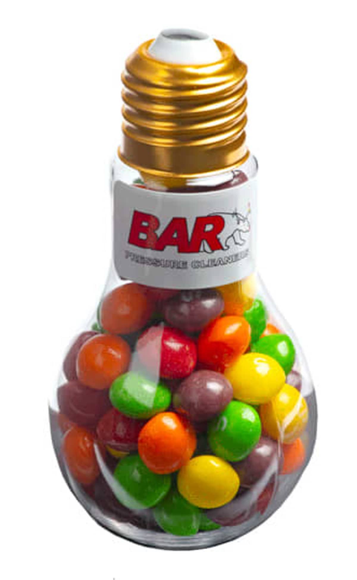 A lightbulb-shaped container filled with colorful candy-coated chocolates.