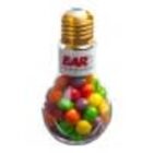 A lightbulb-shaped container filled with colorful candy or gumballs.