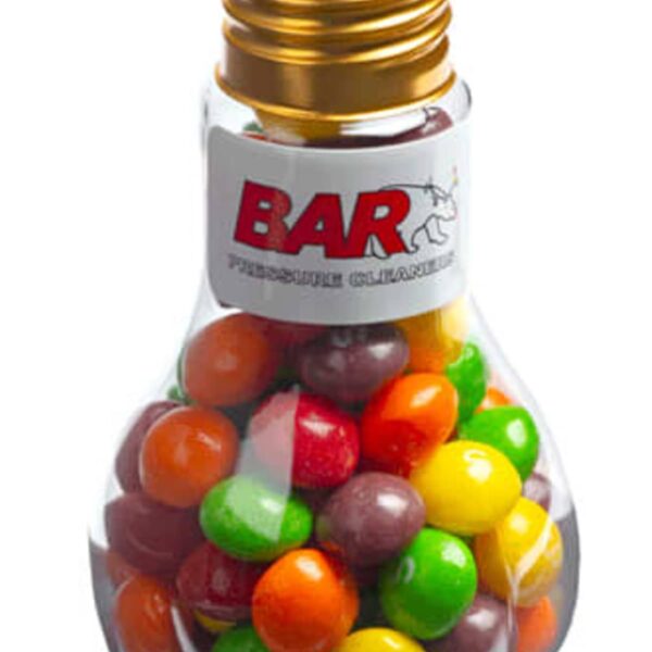 A light bulb-shaped jar filled with colorful candies, labeled BAR Pressure Cleaning.