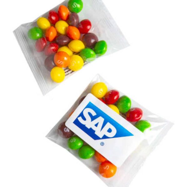 Two small clear bags of colorful candy, one labeled with a blue SAP logo.