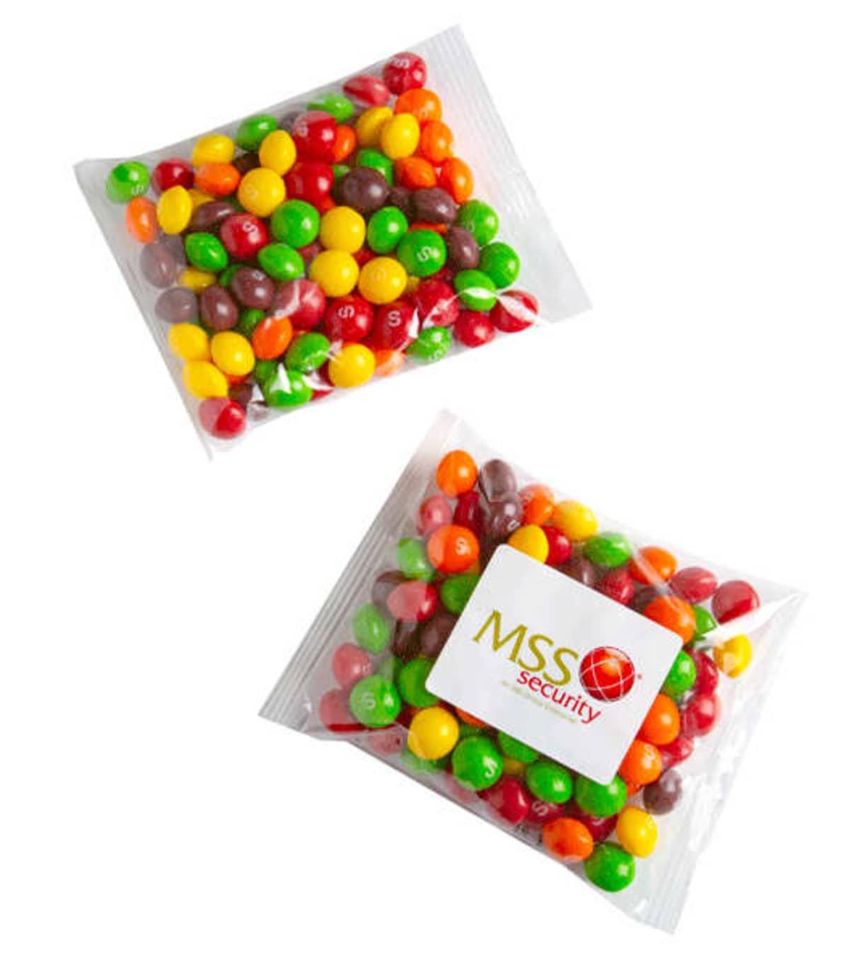 Two clear bags of colorful candy, one with an MSS Security logo label.